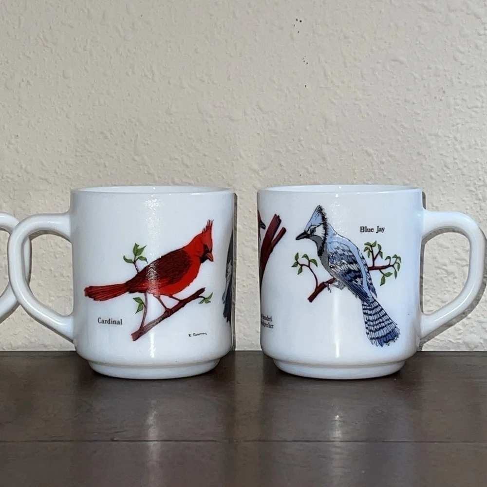4 cups w/ Cardinals Blue Birds Red headed woodpecker